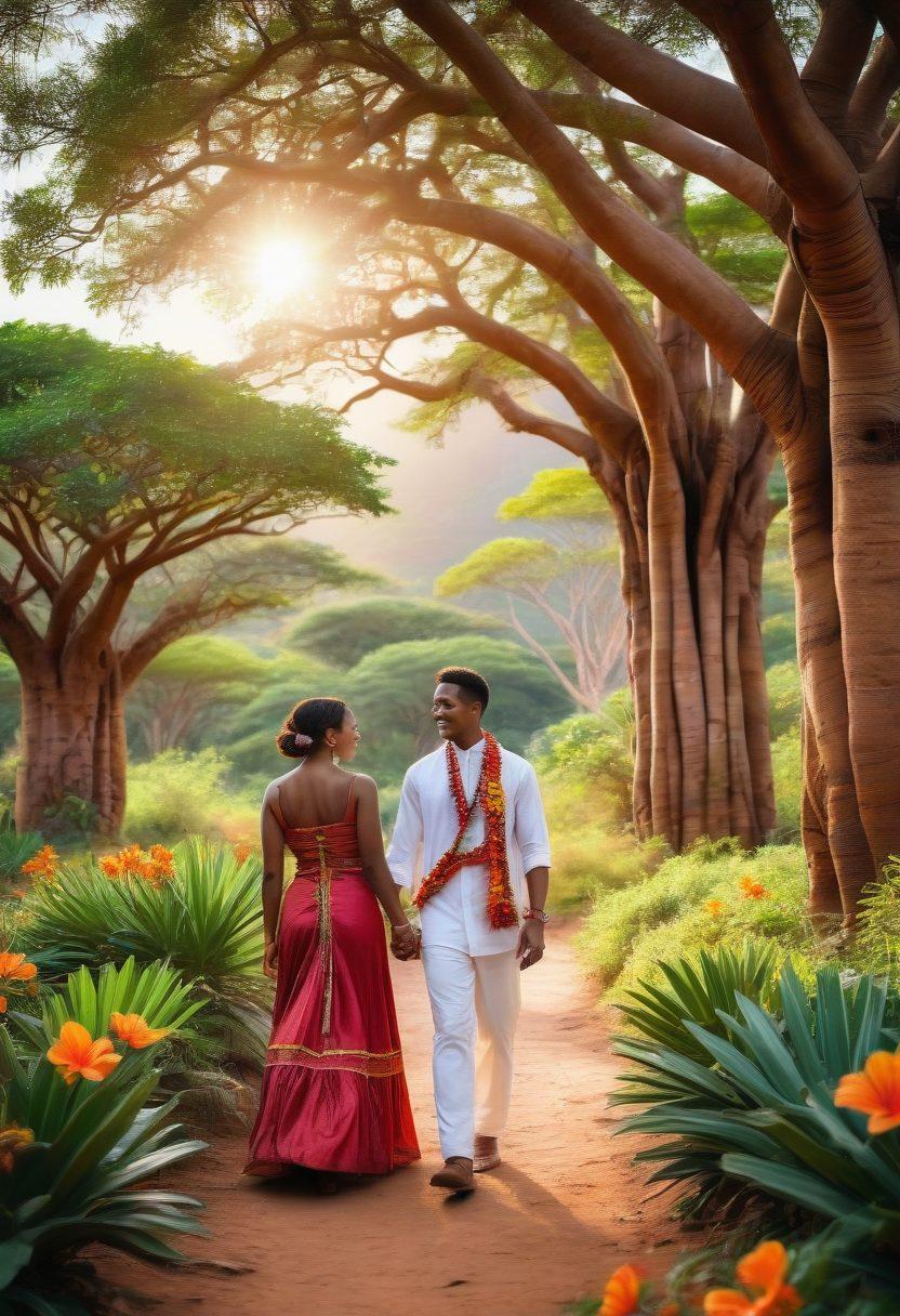 A couple dressed in traditional Malagasy clothing, holding hands and smiling, surrounded by lush greenery and vibrant tropical flowers, with a backdrop of the unique Baobab trees and traditional Malagasy decorations symbolizing love. Capture the essence of deep connections and timeless traditions in romance. super-realistic. vibrant colors. 3D.