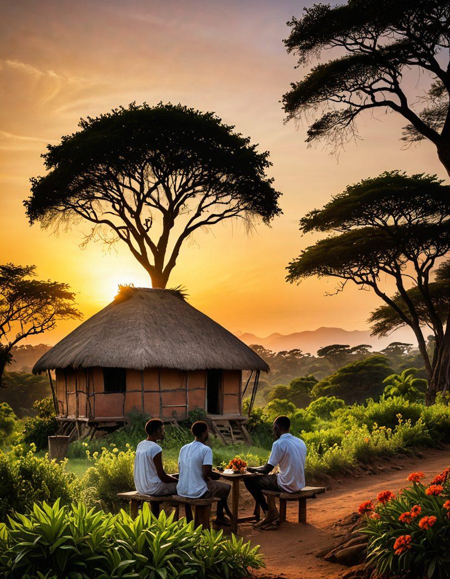 A beautiful sunset over a tranquil Malagasy landscape featuring two friends sitting together under a lush tree, deep in conversation, symbolizing the journey from friendship to devotion. Include elements of vibrant tropical flora, a distant silhouette of traditional Malagasy huts, and warm, inviting colors that evoke a sense of intimacy and connection. super-realistic. vibrant colors. serene atmosphere.