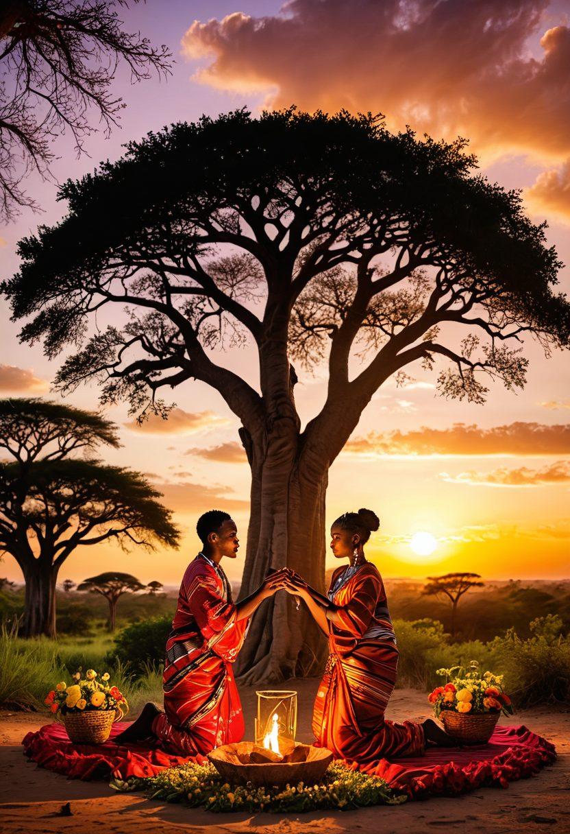 A vibrant scene depicting a Malagasy couple sharing a traditional love ritual under a baobab tree, surrounded by cultural symbols of love such as woven baskets, flowers, and delicate fabric. The background features lush tropical landscapes and warm sunset colors to evoke a sense of warmth and connection. Incorporate elements of traditional Malagasy art and patterns to enrich the cultural context. super-realistic. vibrant colors. tropical ambiance.